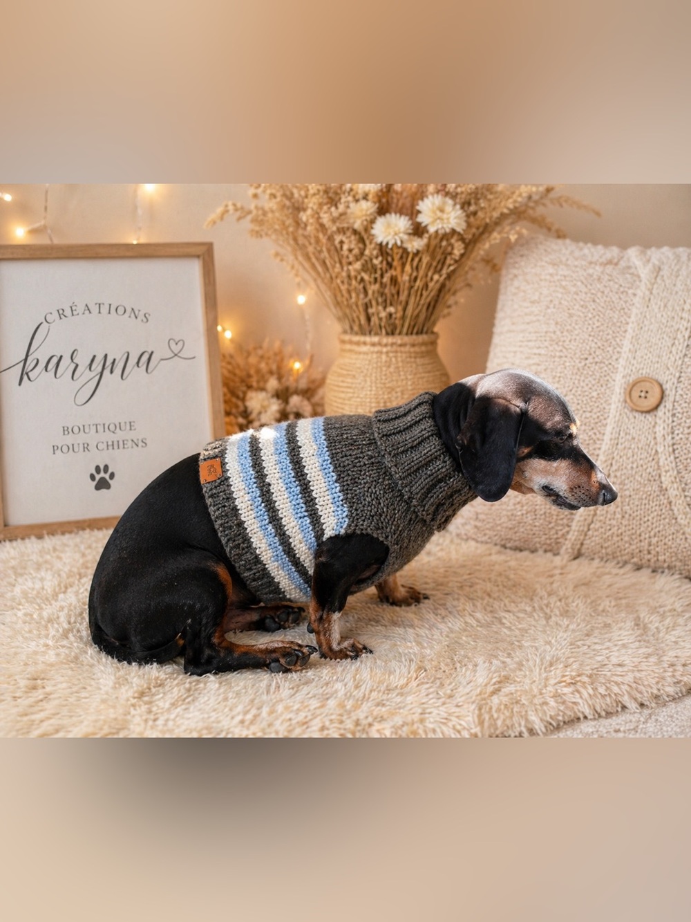 Gray Striped hand-knitted Dog Sweater - Cozy Turtleneck for Small Dogs